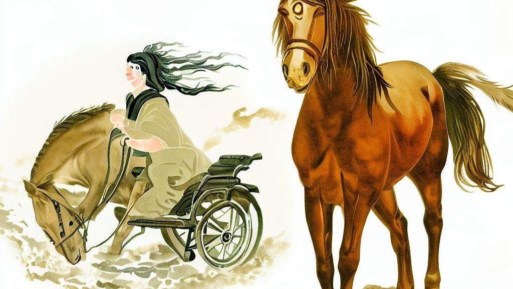 ilustração de um cavalo, uma égua e um humano sem uma perna